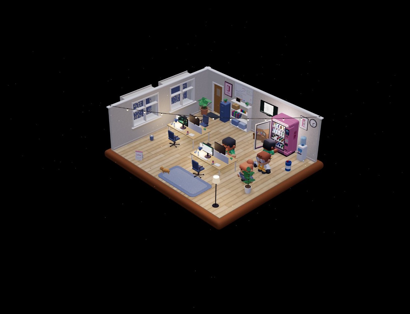 3D 办公室场景预览：粉色售货机立在小屋一角，一位同事正走向它